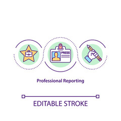 Professional reporting concept icon. Reporter work. Article writer. Job in mass media. Journalism idea thin line illustration. Vector isolated outline RGB color drawing. Editable stroke