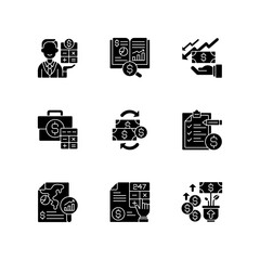 Accounting black glyph icons set on white space. Company and business financial transactions management during specific period of time. Silhouette symbols. Vector isolated illustration