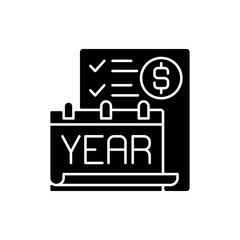 Year end closing procedure black glyph icon. Reviewing all accounts to ensure they accurately reflect the activities for the fiscal year. Silhouette symbol on white space. Vector isolated illustration