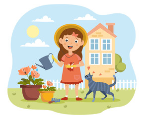 Young girl watering plants in the garden with her cat in a concept of yard care and maintenance, colored cartoon vector illustration