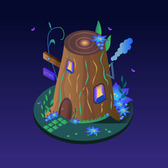Naklejka premium Vector image of a house in a magic forest, which is located in a tree stump. Depicted in isometric view.