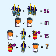 Mathematical riddle, educational game for children and adults, rebus.Riddle for the mind. Riddle with numbers. Vector. Mathematical rebus. Result. Crossword for social networks
