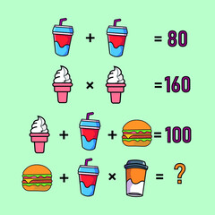 Mathematical riddle, educational game for children and adults, rebus.Riddle for the mind. Riddle with numbers. Vector. Mathematical rebus. Result. Crossword for social networks
