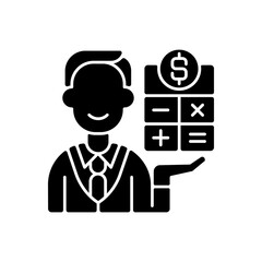 Bookkeeper black glyph icon. Responsible person for recording and maintaining all business and company financial transactions. Silhouette symbol on white space. Vector isolated illustration