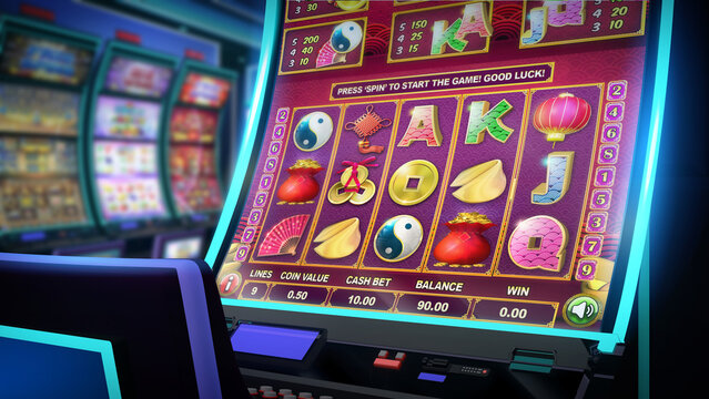 Close up view of an Asian-themed video slot game on a slot cabinet with curved display and neon lights at the casino. 3D rendered illustration 