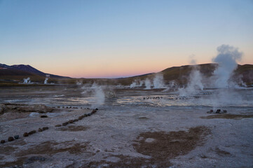 Dawn at El Tatio geysers field in the Atacama Desert, Antofagasta, Chile