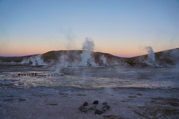 Dawn at El Tatio geysers field in the Atacama Desert, Antofagasta, Chile