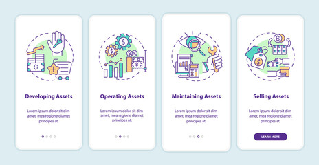 Asset management components onboarding mobile app page screen with concepts. Developing, maintaining walkthrough 4 steps graphic instructions. UI vector template with RGB color illustrations