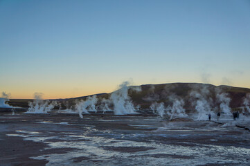 Dawn at El Tatio geysers field in the Atacama Desert, Antofagasta, Chile