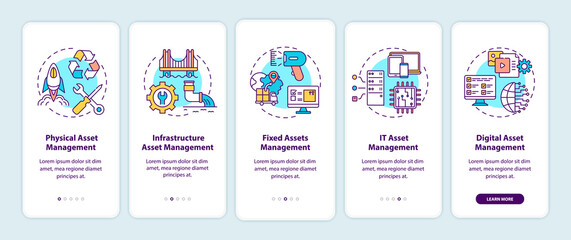 Asset management types onboarding mobile app page screen with concepts. Physical and infrastructure managing walkthrough 5 steps graphic instructions. UI vector template with RGB color illustrations