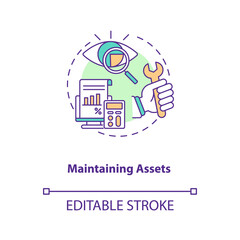 Maintaining assets concept icon. Asset management component idea thin line illustration. Repairs and maintenance. Improving reliability. Vector isolated outline RGB color drawing. Editable stroke