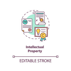 Intellectual property concept icon. Intangible asset idea thin line illustration. Mental-work products. Copyrights, patents, trademarks. Vector isolated outline RGB color drawing. Editable stroke