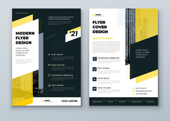 Flyer template layout design. Black and Yellow Corporate business flyer mockup. Creative modern vector flier concept with dynamic abstract shapes on background