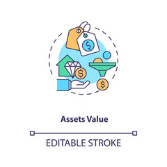 Assets valuation concept icon. Assets inventory element idea thin line illustration. Determining fair market value. Identifying right price. Vector isolated outline RGB color drawing. Editable stroke