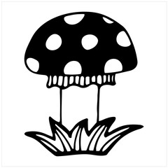Wild forest mushroom Amanita muscaria or fly agaric with grass. Isolated simple hand drawn vector illustration in black and white.