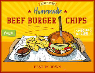 Illustration of beef burger, chips and sauce. Fast food. Vintage burger poster.