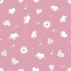 Heart planets - Valentine's vector seamless pattern on pink background - for fabric, wrapping, textile, wallpaper, background.