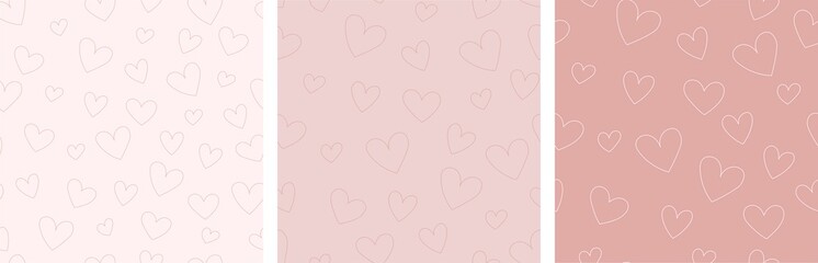 Set of simple pastel pattern. Pink backgrounds with hearts. Suitable for textiles, wallpaper and packaging.	