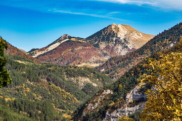 French countryside. Treschenu-Creyers: view of the heights of the Vercors, the marly hills and the valley Val de Drome.