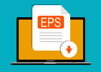 Download EPS button on laptop screen. Downloading document concept. File with EPS label and down arrow sign. Vector stock illustration.