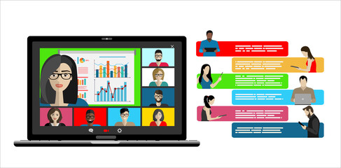 Video call conference concept. Young people making video call through virtual user interface window. Working from home. Social distancing. Remote project management. Vector isolated illustration