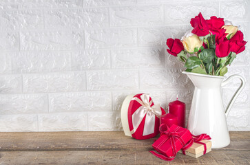 Valentines day greeting card with rose flowers and gift boxes,