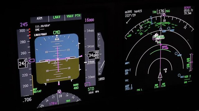 Flight instruments display of a modern passenger airplane flying at night. Actual cockpit footage. Aircraft is descending for landing.
