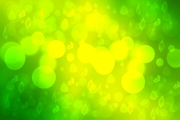 Hello spring background. Abstract bright spring or summer landscape texture with natural green yellow bokeh lights and sunshine. Beautiful backdrop with space.