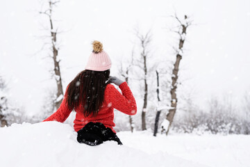 Fototapeta na wymiar Rear view of brunette woman in wintertime outdoors