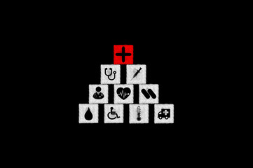 Cloud shape of square block stacking with icon healthcare medical on black background. Perfect for composition.
