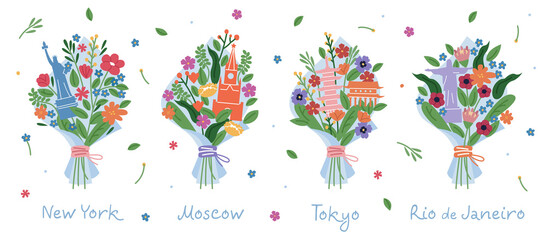 Set of floral bouquets with popular architecture in cities: New York, Moscow, Tokyo, Rio de Janeiro. Modern illustration.