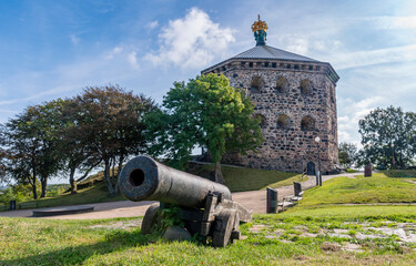 Stone Fortification building Skansen Krona exterior Wall and Golden Crown near Haga residential...