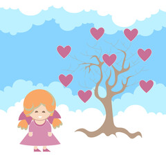 Little girl standing under a bold tree with fruits in the shape of a heart.
A character in simple flat cartoon style with blond hair in a red dress on the sky background. Suitable for Valentine's Day.
