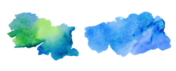 Watercolor colored water stains. Blue, green, turquoise spots. Isolated on white background