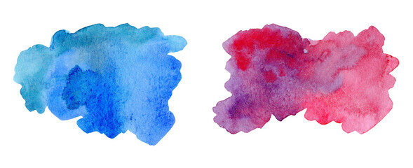 Watercolor colored water stains. Blue, purple, pink spots. Isolated on white background