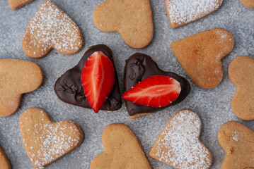 Pattern of homemade heart shaped cookies for Valentine's day with two differ from other