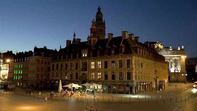 Old Stock Exchange, Vieille Bourse de Lille, and Chamber of Commerce Belfry at Grand Place, Place Charles de Gaulle in Old Town Lille, France.