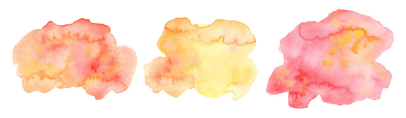 Watercolor colored water stains. Orange, yellow, red spots. Isolated on white background