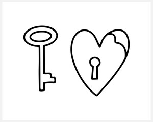 Doodle heart and key icon isolated on white. Valentine day symbol. Vector stock illustration. EPS 10