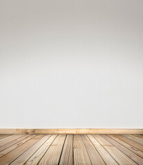 Wooden deck stage for products, things and people. Empty rustic wood floor, platform with blurred white wall background. With copy space. Graphic resource for design and mockup.