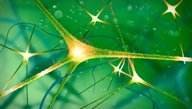 Microscopic view of the synapses. Brain connections. Neurons and synapses. Communication and cerebral stimulus. Neural network circuit, degenerative diseases, Parkinson, Alzheimer. 3d render