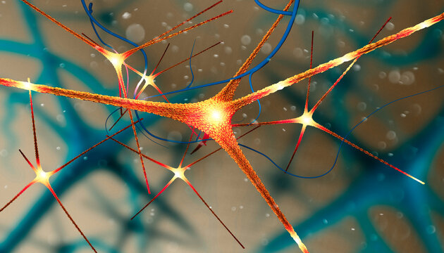 Microscopic view of the synapses. Brain connections. Neurons and synapses. Communication and cerebral stimulus. Neural network circuit, degenerative diseases, Parkinson, Alzheimer. 3d render