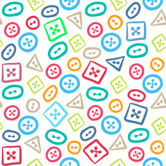 Bright colorful assorted clothing buttons isolated on white background. Childish cute seamless pattern. Vector flat graphic hand drawn illustration. Texture.