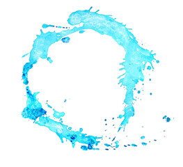 Abstract watercolor splashes and spatters isolated on white background. Blue pouring hand drawn watercolor stain.
