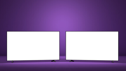 Two tvs with white screens on purple background, mockup concept, 3d illustration