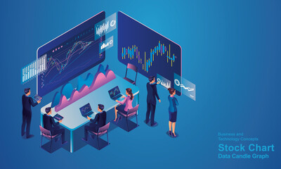 Isometric programmer working in a software development company office or Businessman Trading Stocks. The stock trader is looking at graphs, indexes, and numbers on virtual multiple computer screens