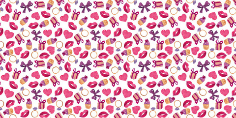 Valentine Day Digital paper Watercolour hand-painted Seamless pattern for art and crafts, wrapping paper with pink heart, bow, ring, cupcake