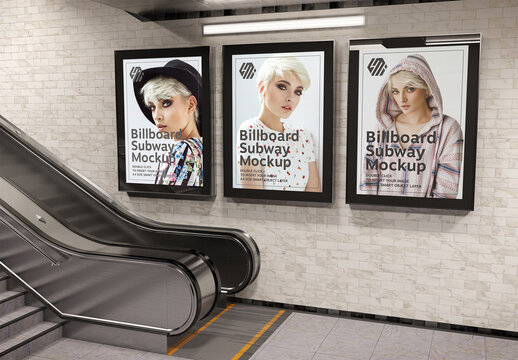 3 Billboards on Subway Station Wall Mockup