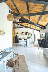 stylish kitchen interior design. white walls and wooden decoration. beautiful hammock and high windows.