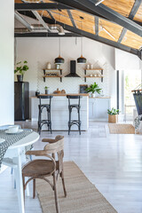 stylish kitchen interior design. white walls and wooden decoration. beautiful hammock and high windows.